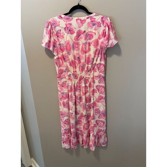 Talbots Women's Pink Fuschia Floral Dress Size 8 Flutter Sleeve Flowy Midi - Picture 3 of 3